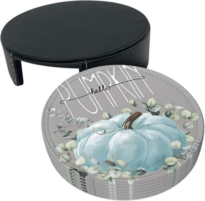 6 Pcs Fall Blue Pumpkin Eucalyptus Leaves Grey Leather Coasters - Image 4
