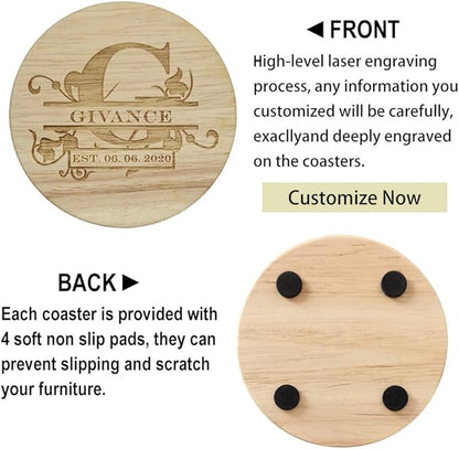 Personalized Wooden Coasters, Custom Engraved Monogram Coasters - Great Gifts (XL, Set of 4)