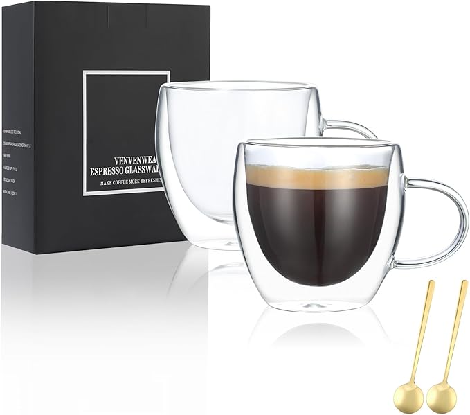 VENVENWEAVS Espresso Cups Set Of 2, Double Wall 5OZ Hand Blown Espresso Shots by PREMIUMGLASSWARE