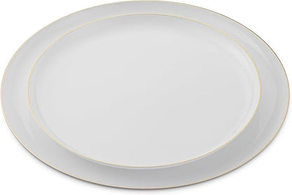 BloominGoods 50 PCS Disposable Plastic Plates For Party, 25 8.5 In. Appetizer Plates And 25 10.5 In. Dinner Plates, White With Gold Rim Plates For Wedding Or Event, Heavy Duty