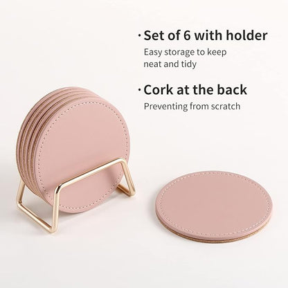 CASEGRACE Drink Coasters with Metal Holder Stand Set of 6, PU Leather Absorbent - Image 4