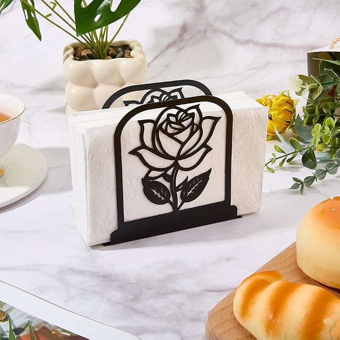 CRASPIRE Flower Standing Napkin Holder Black Metal Napkins Holders Retro Rose - Image 4