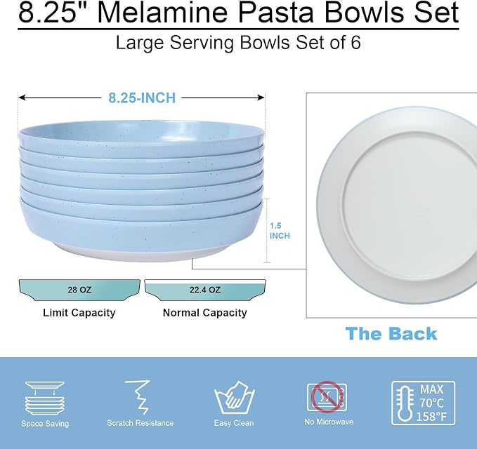 Webbylee 8.25" Melamine Pasta Bowls Set of 6-28oz Melamine Large Salad - Image 2