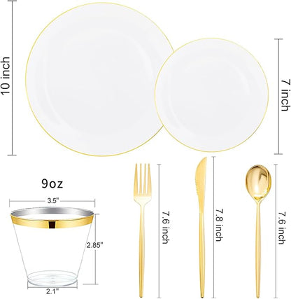 bUCLA 150PCS White and Gold Plastic Plates Disposable - 25 Guests Gold Dinnerware Set - Include 25 Each (Dinner & Dessert) Plates, 25 Knives, 25 Forks, 25 Spoons & 25 Cups for Party
