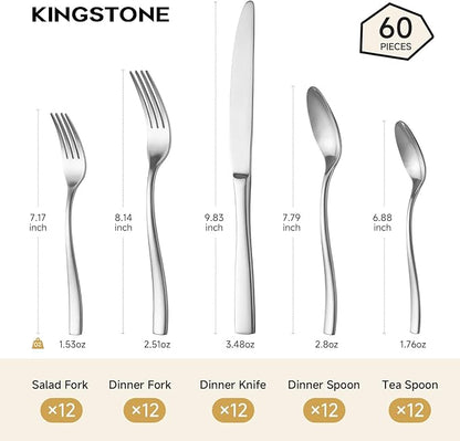 KINGSTONE 60-Piece Silverware Set for 12, Matte Stainless Steel Flatware Set with Forks, Knives, Spoons, Dishwasher Safe, Rust Resistant Cutlery for Home & Wedding