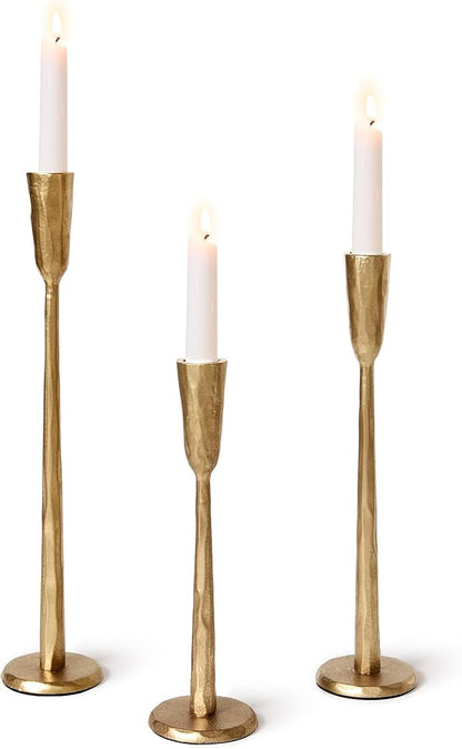 Cast Iron Taper Candle Holder Set of 3, Heavyweight Tall Candlestick Holders, Antique Gold, for Fireplace Mantle & Dining Table, Versatile Decor for Wedding, Holiday, Home & Christmas