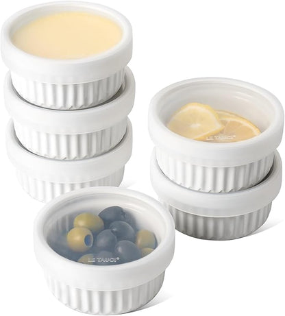 LE TAUCI Ramekins with Silicone Lids, 4 OZ Ceramic Soufflé Dishes, Ramekin Bowls for Crème Brûlée, Dessert, Dips, Oven & Microwave Safe, Set of 6, White