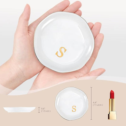 ProCase Ceramic Jewelry Tray, Initial Ring Dish Trinket Plate Engagement Gift, Small Personalized Monogram Ring Bowl for Wedding, White Decorative Jewelry Holder for Women Vanity -Letter S
