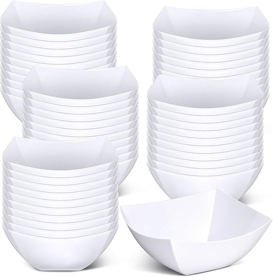 Tanlade 50 Pcs Square Plastic Serving Bowls Disposable Snack Salad Bowl Small Party Candy Bar Containers Taco Bar Serving Dishes for Buffet Chips Fruit(12 oz,White)