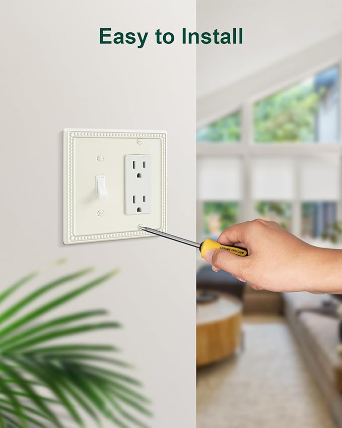 2-Pack Combo Toggle/Decorator Light Switch Cover Plate, Pearls Decorative Electrical Outlet Covers, Metal Wall Switch Plates and Outlet Covers, Light Almond