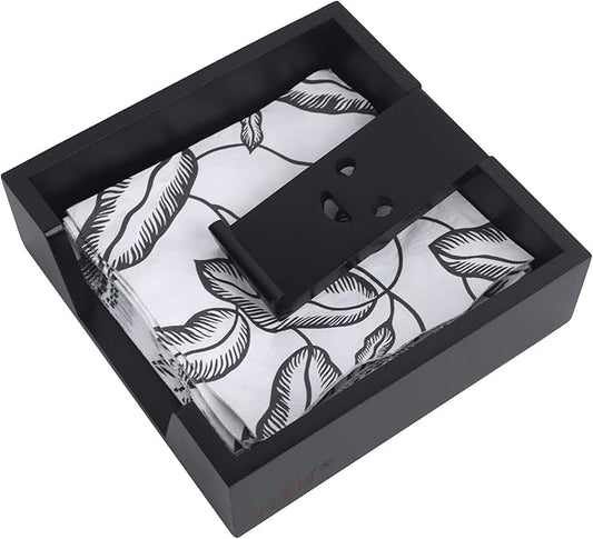 Bamboo Flat Napkin Holder with Weighted Arm Decorative Napkin Tray Dispenser for Table Kitchen Bathroom Dinning (black)