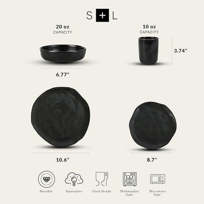 Stone by Mercer Project HEKONDA Modern Stoneware 32-Piece Dinnerware Set, Plate and Bowl Set, Dish Set for 8, Black