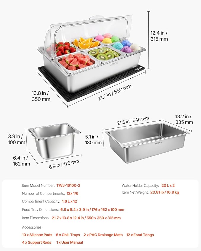 VEVOR Countertop Food Serving Display Container, Stainless Steel Food Salad - Image 7
