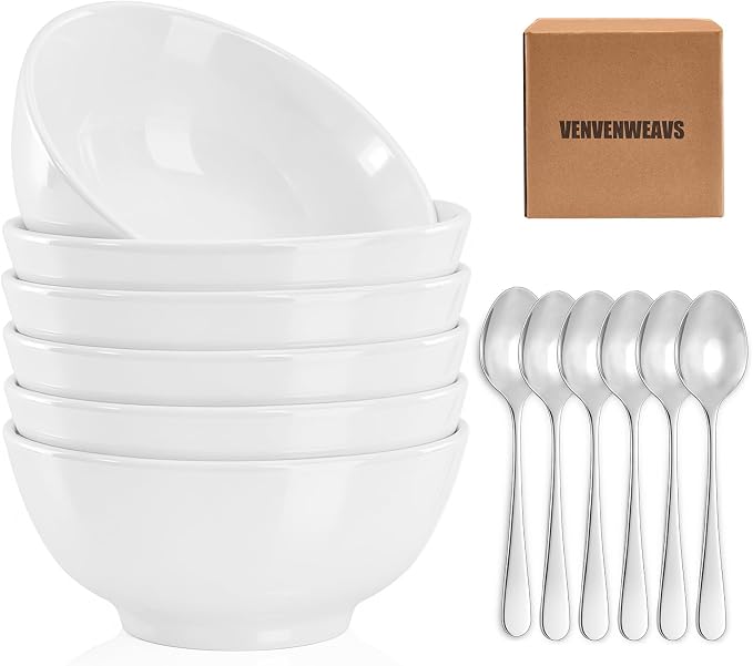VENVENWEAVS 30 OZ White Thickened Ceramic Bowls Set of 6 Complimentary 6 Spoons by PREMIUMGLASSWARE