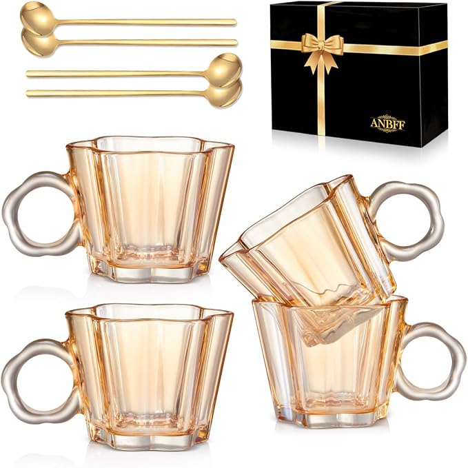 11oz Amber Floral Glass Coffee Mugs Set of 4 by ANBFF