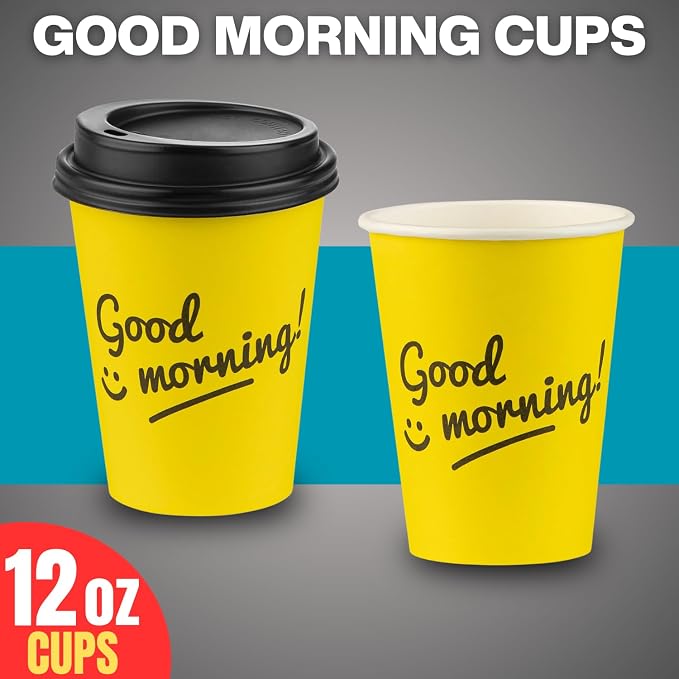 Disposable Coffee Cups with Lids, To Go Paper Hot Cups, Good Morning Design - Image 6