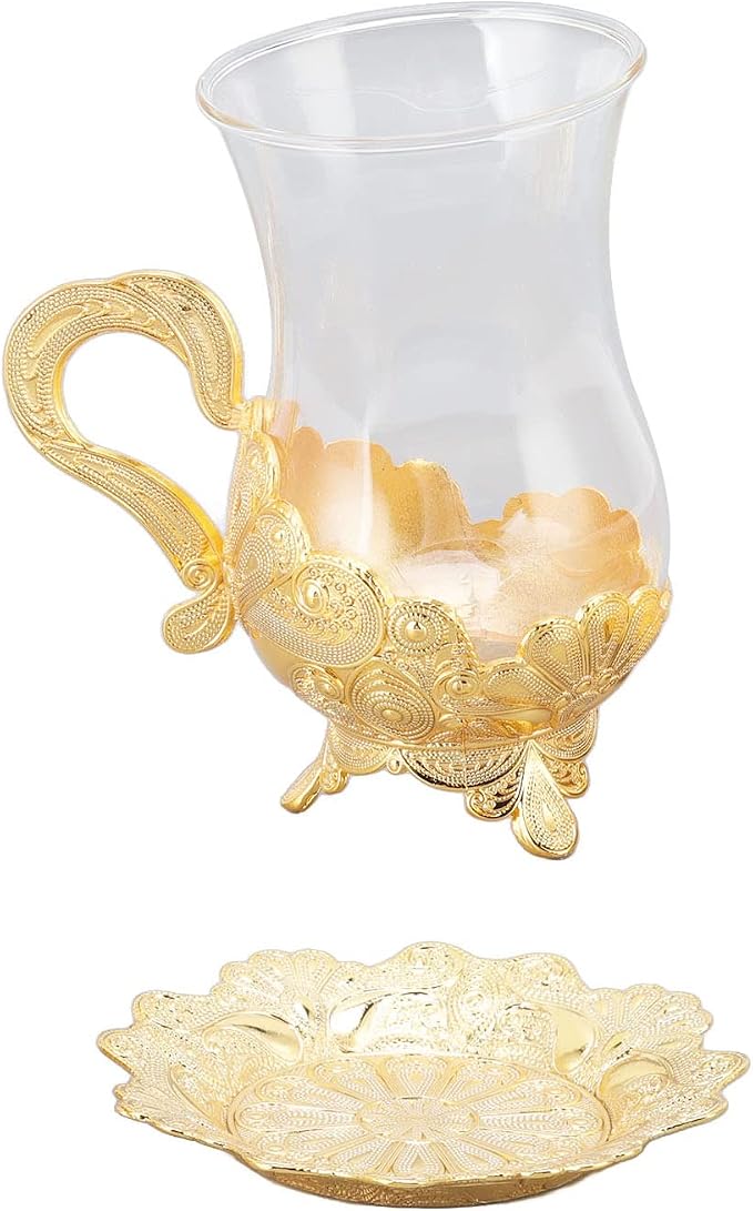Pilipane Gold Coffee Cup and Saucer Set, Elegant European Carved Glass Teacup - Image 8