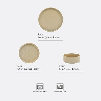 Gibson Elite Echo Bay 12 Piece Porcelain Reactive Glaze (Service for 4) Ceramic Plates and Bowls Modern Stackable Dinnerware Set - Green