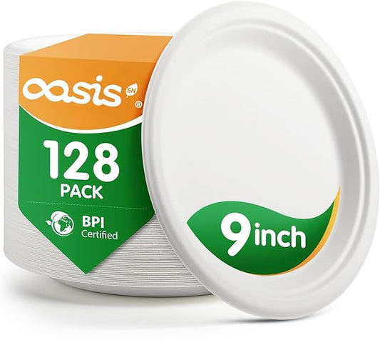 9 Inch 128 Pack Compostable Disposable Paper Plates, Dinner Plates, Heavy Duty Sugarcane Bagasse, Biodegradable Eco-Friendly, Soak Proof & Cut Resistant, Unbleached White