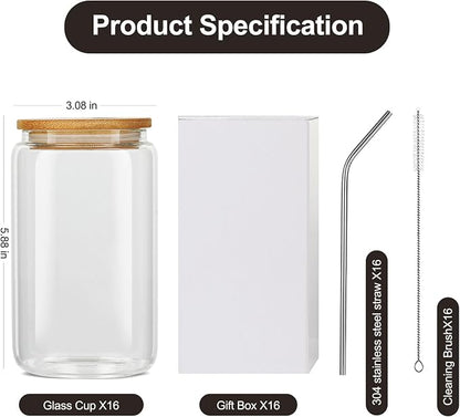 ASKIZ 16Pcs Glass Cups With Bamboo Lids and Straws, 16Oz Ice Coffee Cup - Image 4