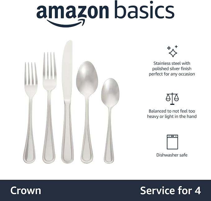 Amazon Basics Silverware Set, Stainless Steel Flatware, Dishwasher Safe - Image 2