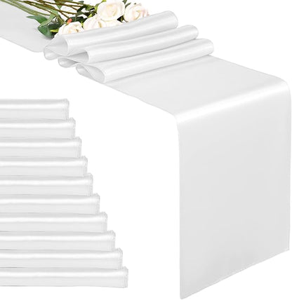 10-Pack White 12 x 108 inches Long Premium Satin Table Runner | Wedding by REWOMC