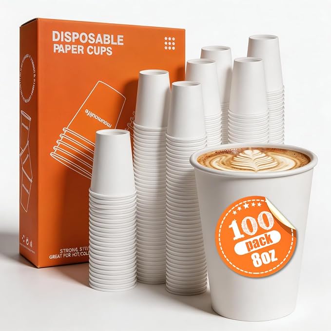 MOUMOULIFE Disposable Paper Coffee Cups 8 oz 100 Count, Leak-Proof White - Image 2