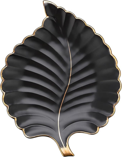 VanEnjoy Candy Dishes Decorative, Key Bowl for Entryway Table, Black Ceramic Bowl Decorative, Decorative Bowl for Keys, Leaf Jewelry Plate Tray