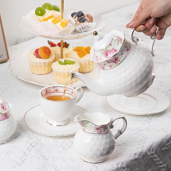Sweejar 21 Piece Porcelain Tea Set, Vintage British Floral Relief Gold Rimmed - Image 6