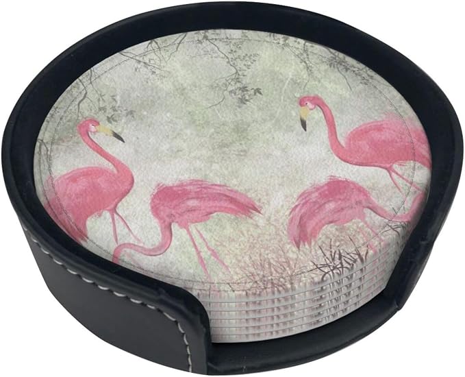 6 Pcs Pink Cute Flamingo Modern Art Boho Leather Coasters - Image 5
