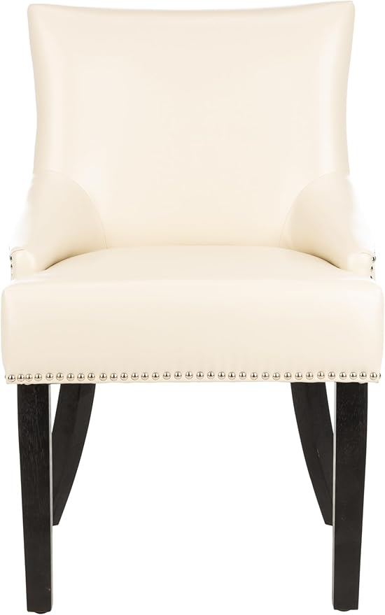SAFAVIEH Home Collection - Lotus Flat Cream Faux Leather Dining Chair, Modern Nailhead Trim Accent Chair, Sturdy Black Legs (MCR4700B)