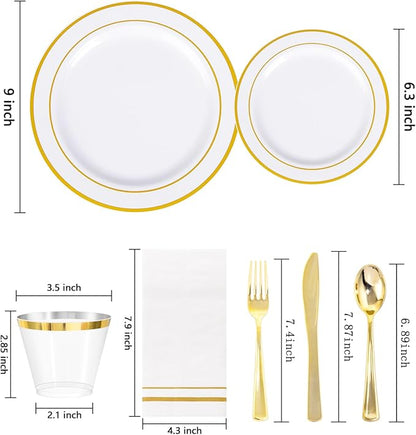 GATHER 350PCS Gold Plastic Plates - White and Gold Disposable Plastic Dinnerware Set Include 50 Dinner Plates, 50 Dessert Plate, 150 Silverware, 50 Napkins, 50 Cups for Party & Wedding