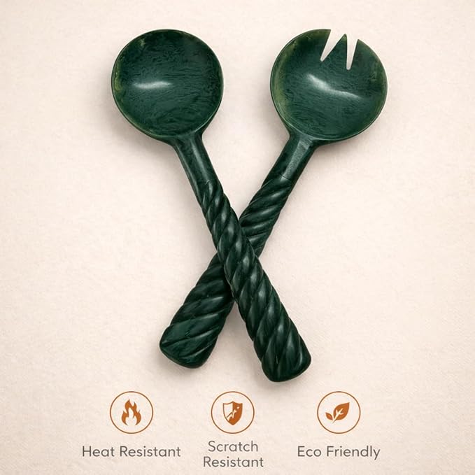 SS CRAFTS INDIA Premium 12.5" Forest Green Marbled Resin Salad Servers | Set of - Image 6