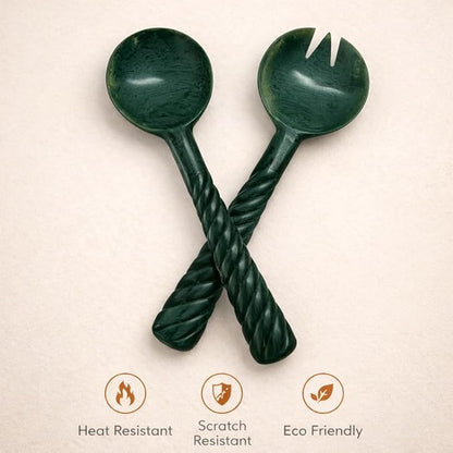 SS CRAFTS INDIA Premium 12.5" Forest Green Marbled Resin Salad Servers | Set of - Image 6