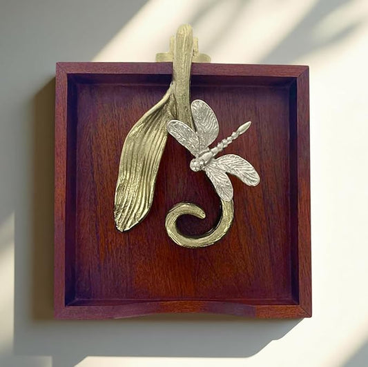 Napkin Holder - Solid Wood Brown Finish Home Decor & Kitchen Decor Table Countertop Serviette & Tissue Holder with Metal Ornament Arm in Silver Gold Finish - Indoor and Outdoor Use - Dragonfly Design