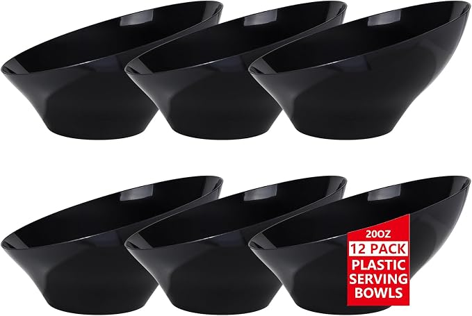 bUCLA 12 Pack Black Plastic Serving Bowls - 20 OZ Angled Bowls Disposable by BUCLA