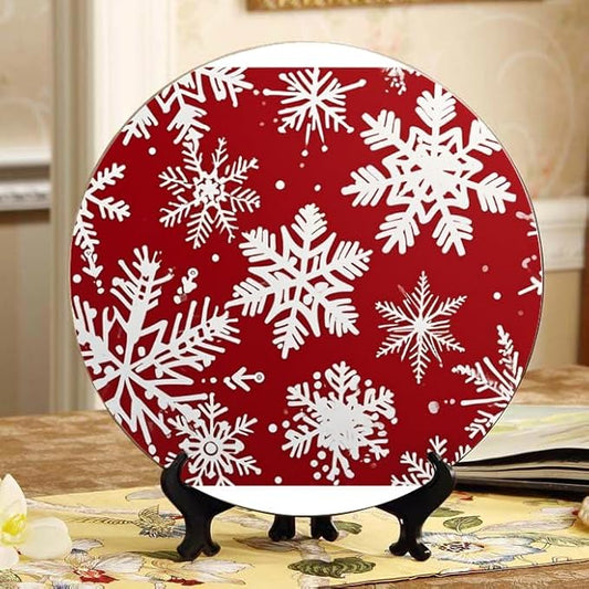 10 Inch Holiday Snowflakes red Decorative Ceramic Plates with Display Stand Perfect for Office Wall Hanging DP-320284149