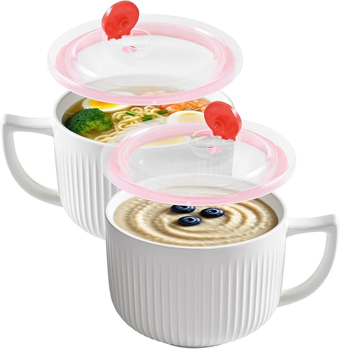 Ceramic Soup Bowl with Handle Set of 2, Extra Large 38oz Ramen Bowl with Lid by Ceramictableware