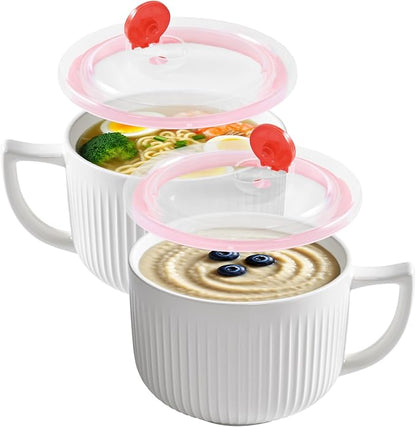 Ceramic Soup Bowl with Handle Set of 2, Extra Large 38oz Ramen Bowl with Lid by Ceramictableware
