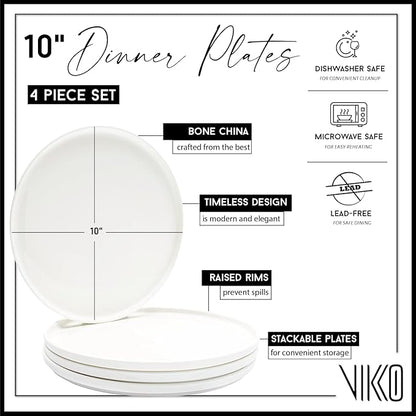 Vikko Salad Plate, Set of 4 White Plates, Bone China, Stackable 10 Inch Dinner Plates, Dishwasher Safe