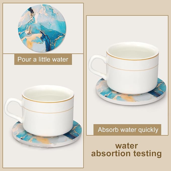 6 Pcs Light Blue Marble Abstract Ceramic Coasters - Image 2
