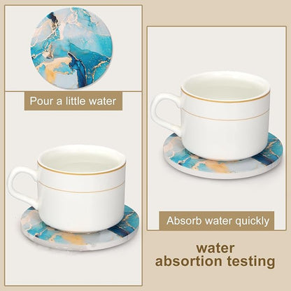 6 Pcs Light Blue Marble Abstract Ceramic Coasters - Image 2