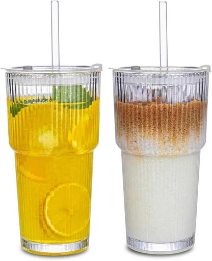 20oz Ribbed Glass Tumbler with Straw & Lid – 2 Pack Iced Coffee Cups, Glass Mug by Unknown