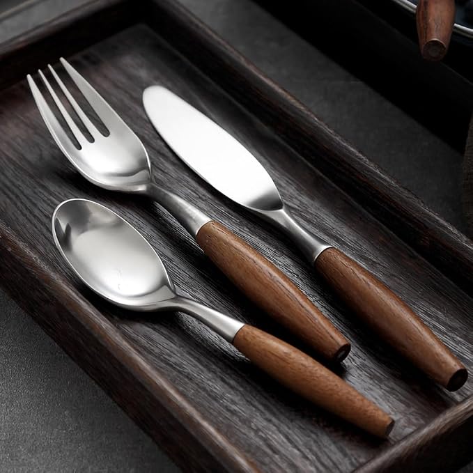 5-Piece Teak Retro Nordic 304 Stainless Steel Flatware Set – Elegant Silverware - Image 3