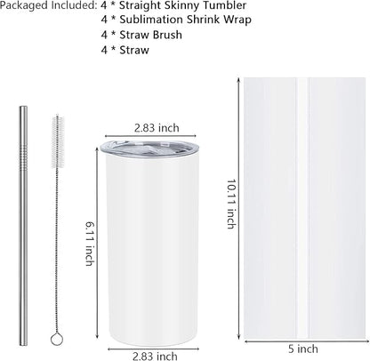 15 Oz Sublimation Skinny Tumbler Set, Straight Skinny Stainless Steel Tumbler Set for Sublimation with Lids, Insulated Skinny Slim Water Tumbler for Diy, White