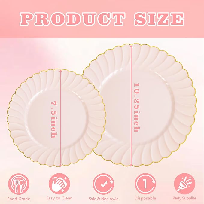 YOUBET 60PCS Pink Scalloped Plastic Plates - Image 2