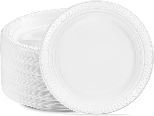 PLASTICPRO 200 PCS White Plastic Round 9 Inch Plastic Plates Premium Quality Light Weight Disposable Plastic Dishes Dinner Plates for Parties Weddings