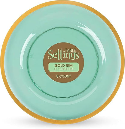 PARTY BARGAINS 13-Inch Charger Plates - 8 Pack, Transparent Green Gold Rim, Heavy-Duty Disposable Chargers for Elegant Dining - Ideal for Weddings and Formal Events