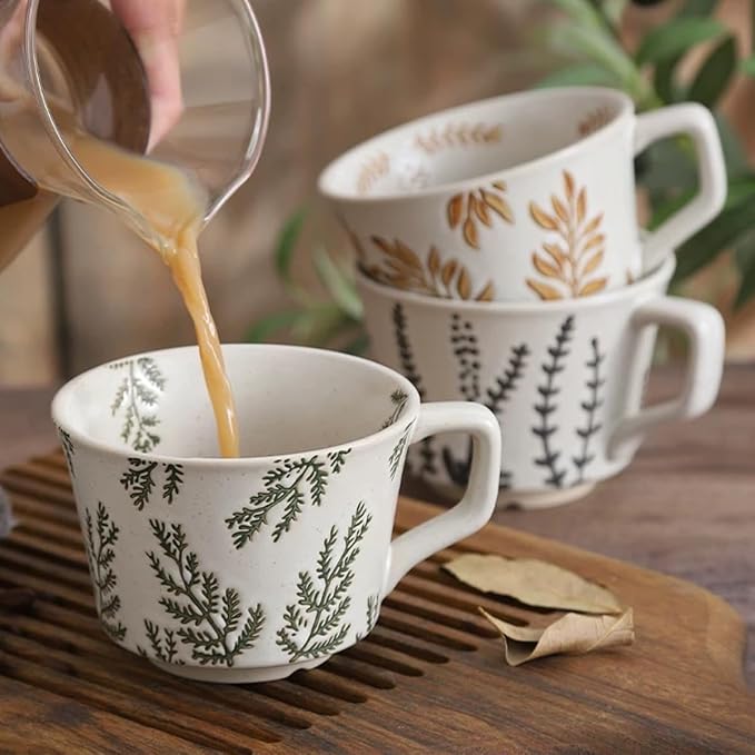 4 Pack 12oz Embossed Leaf Ceramic Coffee Mugs, Vintage Speckled Stoneware Tea - Image 3