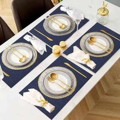 DACHUI Placemats Set of 4, Linen Look Woven Place Mats, Water Resistant, Heat Resistant, Washable, Durable Table Mats (Navy Blue)